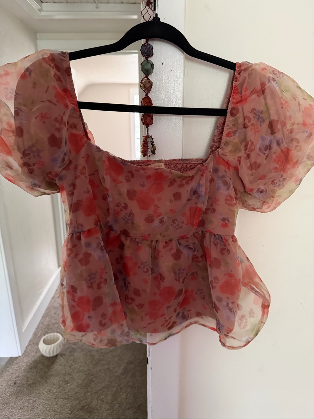 Revolution Sheer Floral Puff-Sleeve Peplum Top - Coral Pink